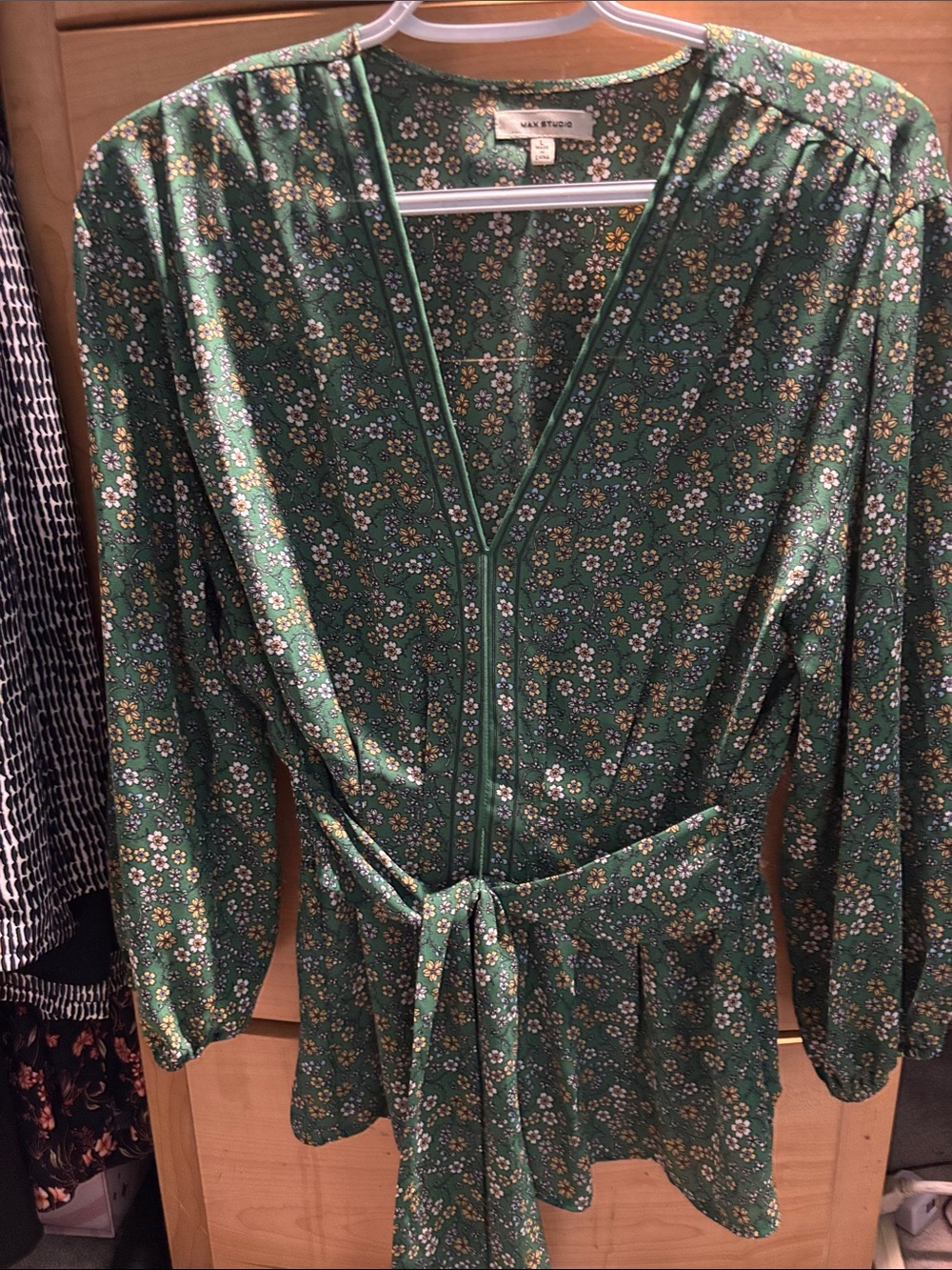 Max Studio Green Floral Wrap Blouse